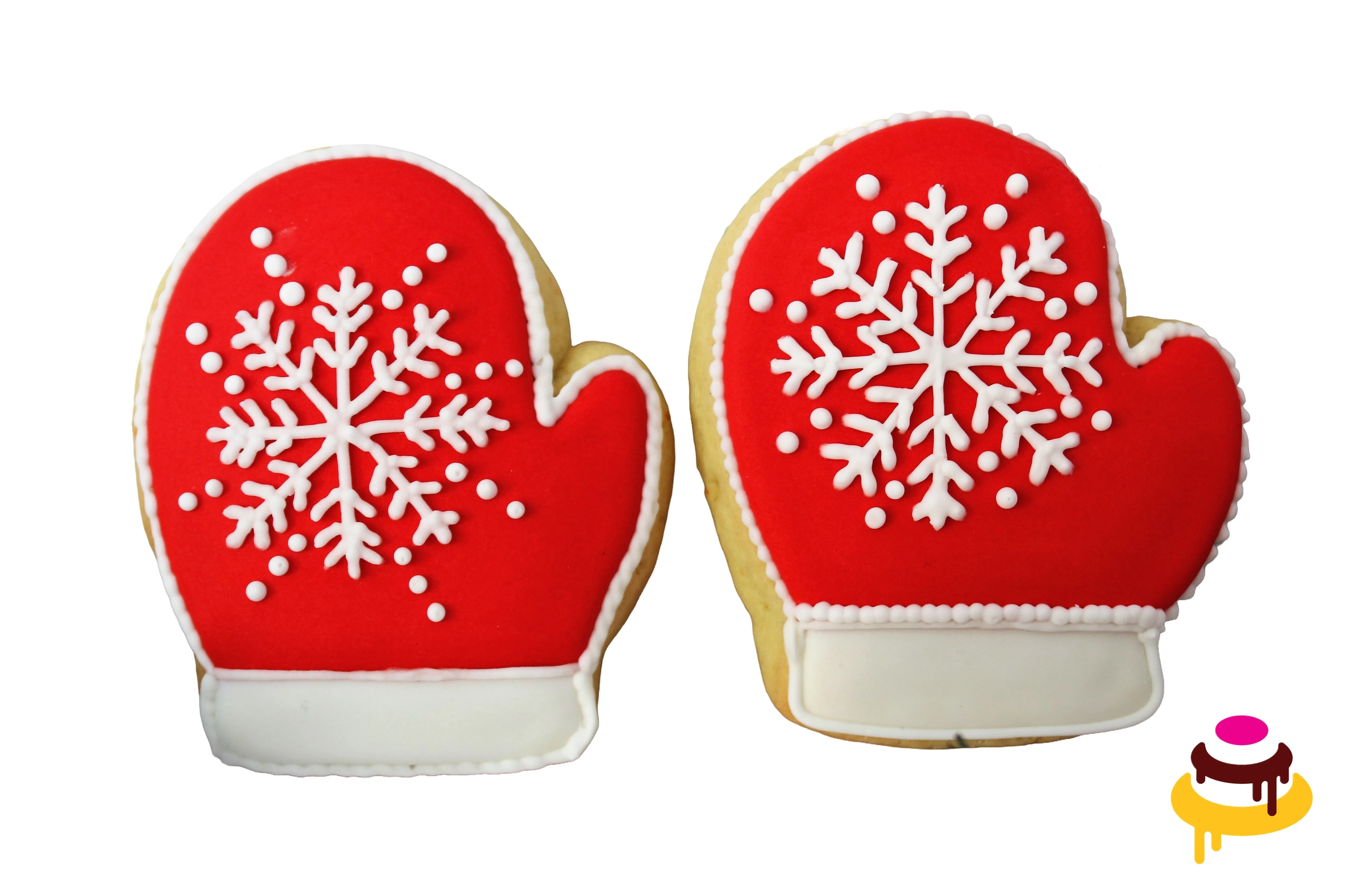 Custom hand-piped snowflake mitten cookies Bay Area bakery
